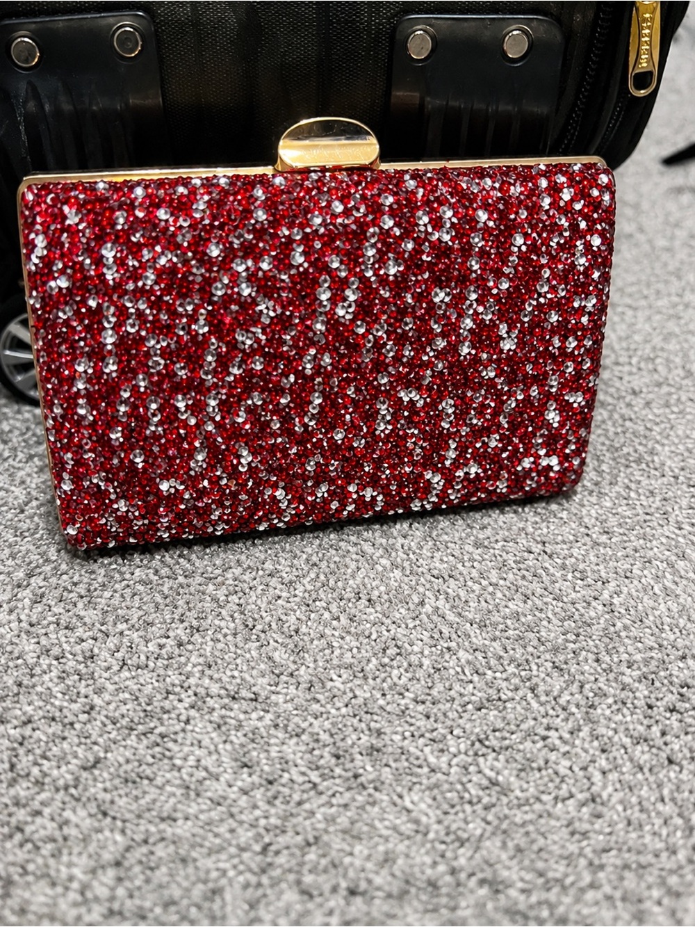 Red Crystal-Embellished Evening Clutch with Gold Frame